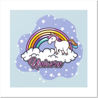 Cute Little Unicorn & Rainbow On Cloud Posters and Art